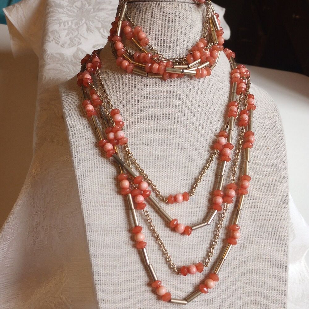 LC Goldtone Coral peachy pink beads layered Necklace 14” 3” Extender + bracelet
